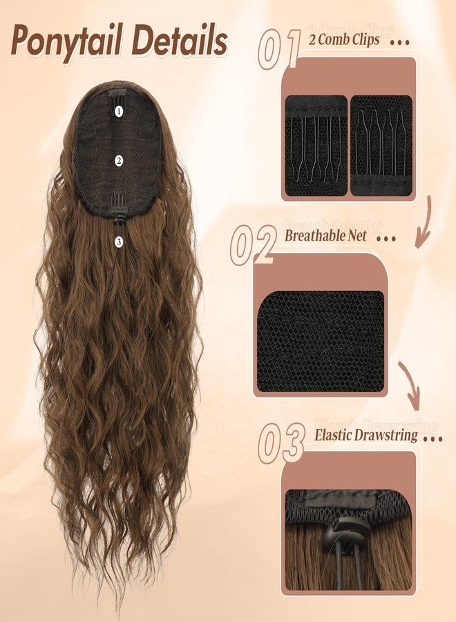 FESHFEN Cheer Ponytail Extensions, 18 inch Long Curly Wavy Drawstring Ponytails Synthetic Pony Tail Hairpieces for Women, Chestnut Brown - Image 3